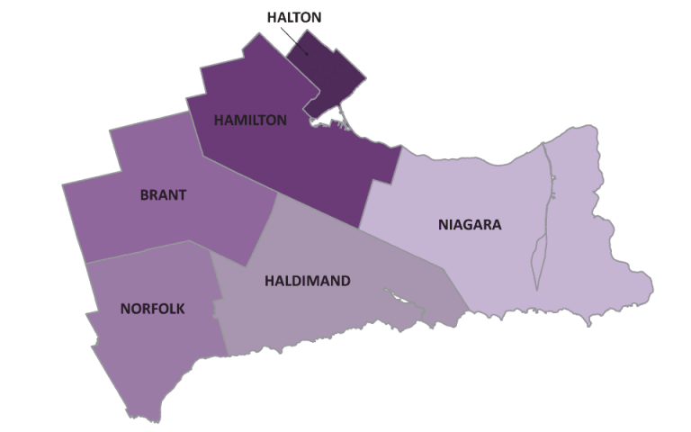Map of Hamilton Niagara and Halton Catchment Area