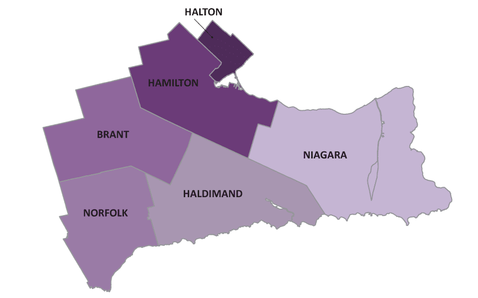 Map of Hamilton Niagara and Halton Catchment Area